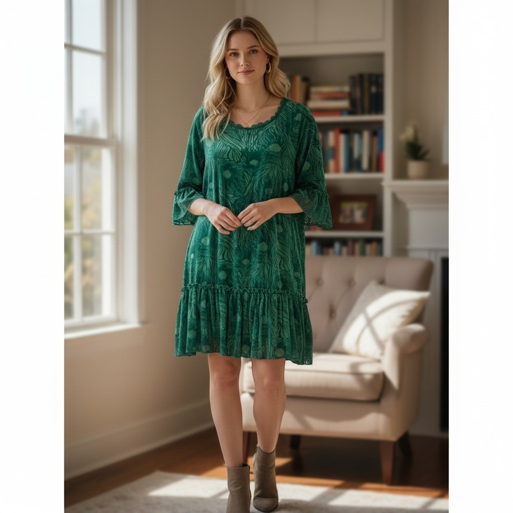 Free People Zen Garden Velvet Burnout Peacock Dress Tunic Ruffle Green Small M